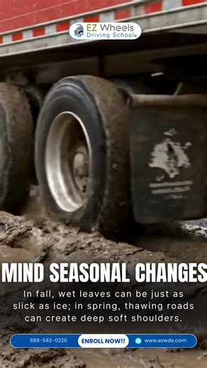 🚛 CDL Training Tip: Mind Seasonal Changes! 🌦️ As a professional driver, being alert to changing road conditions is key to staying safe and confident year-round. In fall, wet leaves can be just as slick as ice — reducing traction and increasing stopping distances. In spring, thawing roads and soft shoulders can cause your tires to sink or pull you off balance. Understanding how seasonal changes affect your truck’s handling is part of being a smart, safety-first driver. Every mile teaches you to