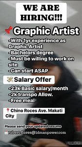 Urgent Hiring !!! 📌Job title: Graphic Artist /Senior Graphic Artist JOB RESPONSIBILITIES AND DUTIES: ✅Bachelor's degree in film production, digital media, communications, or a related field. ✅Proven experience as a video editor, preferably in a professional setting. ✅Creative thinking and problem-solving abilities. ✅Create and edit images based on client specifications ✅Undertake additional design-related tasks as assigned by supervisors ●Must be willing to work on site. ●Can start ASAP. ●Compl