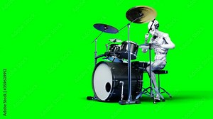 Funny alien plays on drums. Realistic motion and skin shaders. 4K green screen footage.