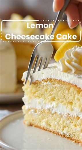 Lemon Cheesecake Cake 🍋🤍 If you love lemon cheesecake and fluffy vanilla cake, this Lemon Cheesecake Cake is about to be your new obsession. It’s soft, moist vanilla cake layered with a thick, creamy lemon cheesecake filling and topped with clouds of fresh whipped cream. Every bite is light, tangy, and bakery-level dreamy. Save this Lemon Cheesecake Cake recipe for spring gatherings, Easter brunch, or anytime you want a show-stopping homemade dessert. Tag a friend who needs a slice of this sun