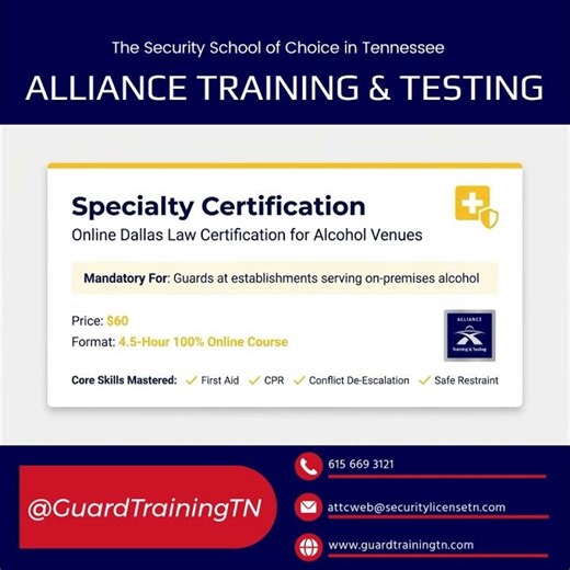 Mandatory Tennessee Dallas Law Security Certification @guardtrainingtn