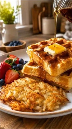 Crispy Hash Browns and Fluffy Waffles Easy American Breakfast Recipe