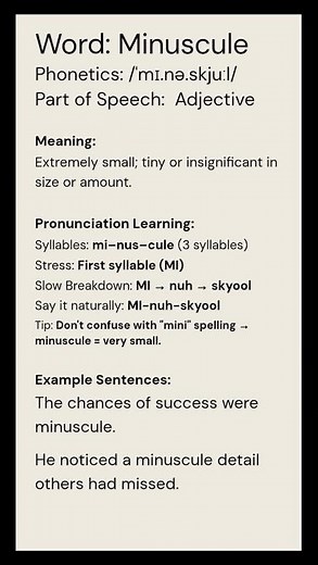 Minuscule (/ˈmɪ.nə.skjuːl/) (Adjective): Extremely small; tiny or insignificant in size or amount.