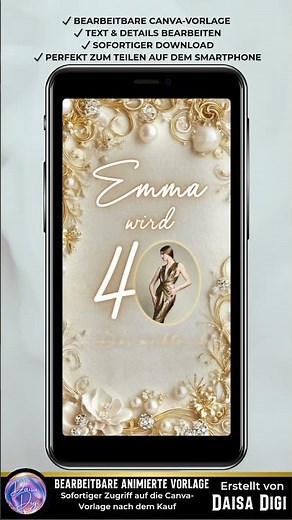 40. Geburtstag Video Einladung Gold Creme | Elegante Canva Einladung