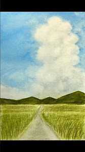 田舎の夏☁️入道雲の描き方は内海朋子さんの「水彩色鉛筆チャンネル」をお手本にしました☺️解説が分かりやすくておすすめです！#水彩色鉛筆 #水彩画 #入道雲 #田舎 #イラスト