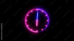 Glowing neon Clock icon analog clock on the black background glowing neon clock animation icon watch timer animated