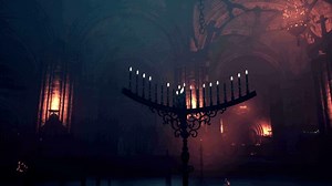 A mesmerizing candle-lit chandelier illuminating a mysterious room