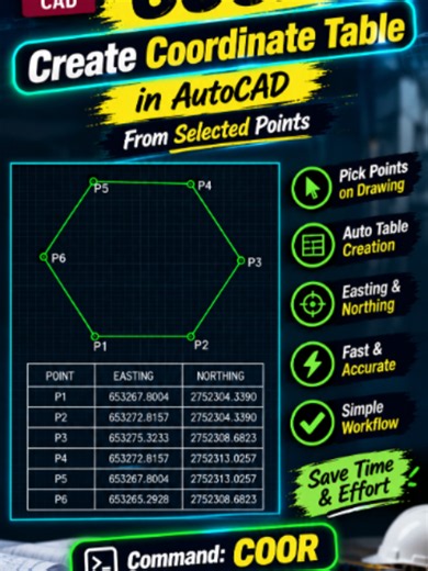 Surveyors and Civil Engineers — This AutoCAD Tool Is for You! 👀 Need coordinates in a table? The COOR LISP command turns selected drawing points into an organized coordinate table with Easting and Northing values. Less manual entry. A faster drafting workflow. 📐 Command: COOR 👉 Follow for practical AutoCAD automation tools. #AutoCAD #AutoCADLISP #Surveyor #CivilEngineering #CoordinateTable #CADAutomation #Surveying #AutoCADTips