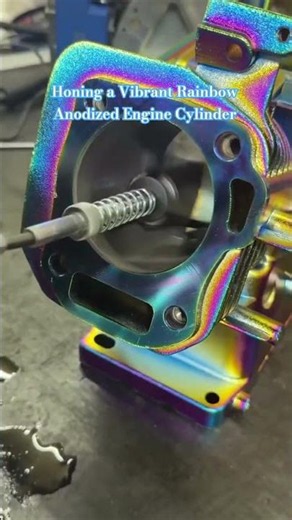 Honing a Vibrant Rainbow Anodized Engine Cylinder