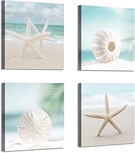 ARTISTIC PATH Seashell Picture Canvas Wall Art: Beach Themed Artwork Painting Print for Wall Decor for Dining Room (12" W x 12" H x 4 PCS, Multi-Size)