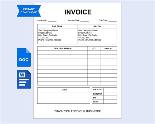 Editable Invoice Template Google Docs Word, Printable PDF Freelance Small Business Billing - Etsy