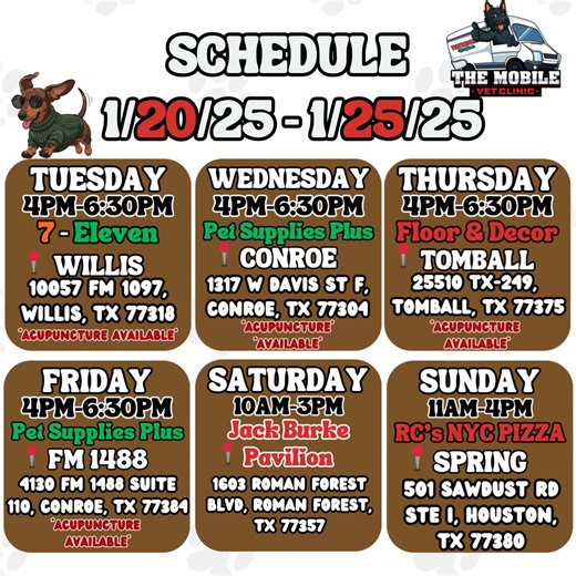 This Week at The Mobile Vet Clinic! 🐶🚐 We’re rolling into your area with a van full of services and smiles: 🌟 $35 Wellness Exams: Quick checks to keep tails wagging. 💉 Vaccinations: Keep your best friend up to date this year on the essentials! ✂️ $20 Nail Trims: We make paws look as good as new. 💊 On-Site Pharmacy: for immediate relief & preventative care. 👩🏻‍⚕️ Trusted Pet Pros: With a licensed veterinarian always on site specializing in ear and skin treatment and offering techniques suc