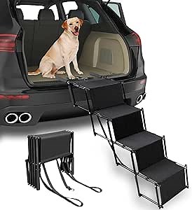 Dog Car Ramps for Large Dogs, Adjustable Aluminum Pet Ramp, Portable and Foldable Dog Stairs for Cars, SUV, Trucks, Supports Up to 176 LBS, 4-Steps