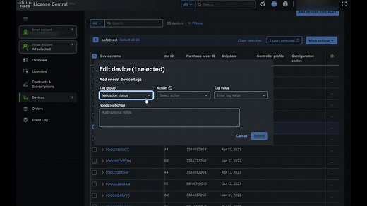How can I update or view my device validation status tag against the virtual account, in Cisco License Central (CLC)? - Cisco Video Portal