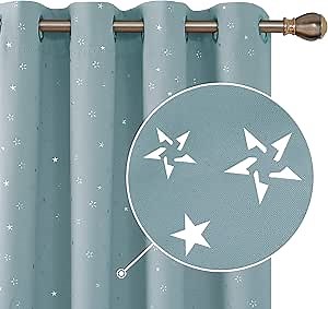 Deconovo Star Foil Printed Blackout Curtains with Pattern Grommet Window Drapes for Living Room and Sliding Door Sky Blue 42x84 Inch 2 Panels