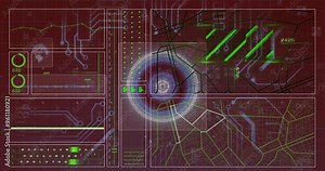Futuristic digital interface with circuit patterns and data processing animations