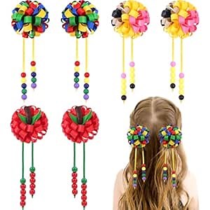 OAOLEER 6PCS Back to School Hair Bows for Girls, Navy Yellow Flower Hair Accessories for Girls Grosgrain Ribbon Bows With Alligator Clips Girl for Kids Teen (Round Bows-Back to School)