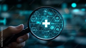 Hand holding magnifying glass focusing on futuristic medical icons in digital interface, innovation, diagnostics, medicine, science, technology, research, fusion of healthcare with modern data systems