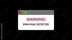 Animated pop up warning message. „Warning! Spam mail detected“ text on the pop up notification. Stock Video