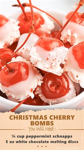 Christmas Cherry Bombs Ingredients 1 (10 oz) jar maraschino cherries with stems ¼ cup peppermint schnapps 5 oz white chocolate melting discs ¼ cup finely crushed peppermint candies (10–12 candies) Instructions Remove the lid from the cherry jar and drain out ⅓ cup of cherry juice (keep the cherries in the jar). Add ¼ cup peppermint schnapps to the jar. Replace the lid and refrigerate 1 hour to overnight—the longer they soak, the stronger the flavor. Remove cherries and pat them very dry with pap