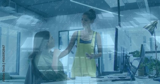 Business colleagues working, man approaching woman clarifying project details with animated charts