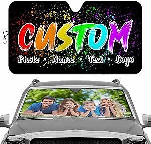 Custom Windshield Sun Shade - Personalized Window Visors for Most Cars with Photo Text Logo Name - Foldable Heatshield Car Accessories for SUVs Trucks (64×33.5 Inches)