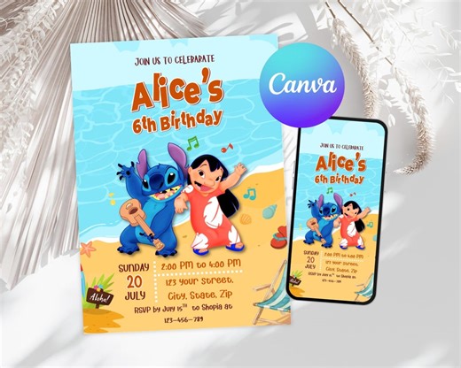 Lilo & Stitch Beach Birthday Invitation | Stitch Hawaiian Luau Party Invite | Tropical Beach Birthday | Editable Canva Template - Etsy