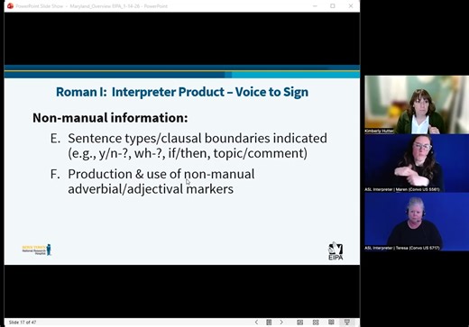 On January 14, 2026, Dr. Kimberly Hutter presented an overview of the new Educational Interpreting Performance Assessment (EIPA). Please watch the video to stay informed on the assessment and how it may be evaluated. After watching this video, please give us your feedback with this form: https://forms.gle/nj19NFiqaE7XUVAE8 Watch this video on YouTube: https://youtu.be/mVQZP6LraU4 | MD Governor's Office of the Deaf & Hard of Hearing