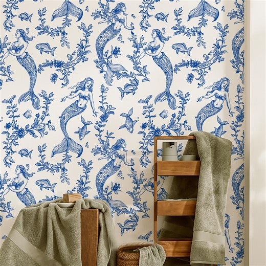 Mermaid Wallpaper Ocean Theme, Nautical Peel & Stick Wall Mural, Coastal Bathroom Decor, Under the Sea Nursery Mural, Beach House Ocean Art - Etsy