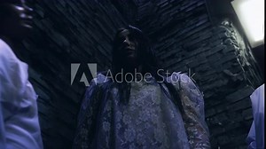 Woman robot standing in a dark storage with other cyborgs, creepy horror scene. Terrifying human doll, cyborg gains consciousness, Halloween