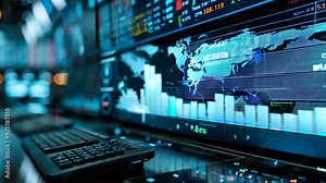 Global market analysis and data visualizations in a financial trading room