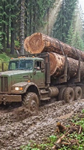 Giant Logging Truck Battles Deep Mud with Massive Timber Load #truck #offroad #shorts