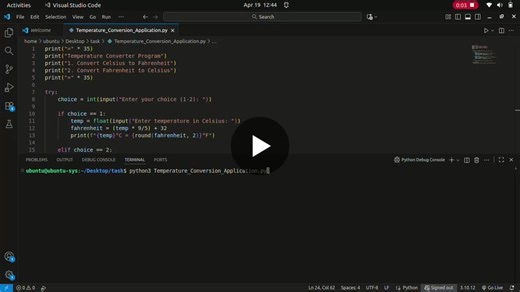 Completed a simple Temperature Converter program using Python. The program allows users to: 1.Convert Celsius to Fahrenheit 2.Convert Fahrenheit to Celsius 3.Handle… | Priya Dharshini A