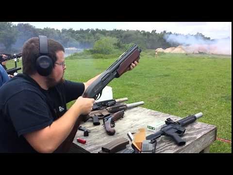 1740 double barrel pump shotgun at the NFA Review channel shoot