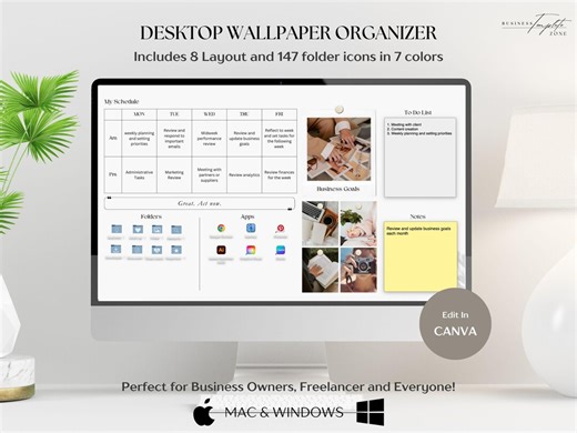 Desktop Orgainzer Wallpaper Planner | Weekly Business Task and Study Schedule | Sticky Notes, Folder Icons | Productivity Tool Mac & Windows - Etsy