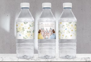 Princess Water Bottle Labels, Twin Princess Birthday Party Decor, Fairytale Castle Party Water Bottle Wrap, Editable Canva Template - Etsy