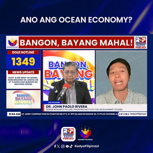 #BangonBayangMahal | Panayam kay Dr. John Paolo Rivera, Philippine Institute for Development Studies tungkol sa Ocean Economy kung saan noong 2024, nabanggit na nakapagtala ng 1 trillion pesos na kita. #RadyoPilipinas #RadyoPubliko #RP1News #IntegratedStateMedia #ISM | Radyo Pilipinas | Facebook