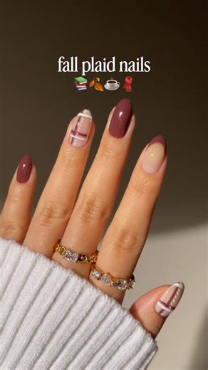 Emily Zheng on Instagram: "the coziest mani for sweater weather 🍂 ad wearing all @cndworld gel polishes Epic Smoothing base coat 🌸 Romantique 🐻 Arrowhead 🦢 White Gloves No Wipe top coat SolarOil in scent Amber Woods ib @heluviee _____ fall nails, plaid nails, autumn nails, fall nail art, brown nails, brown nail art, diy nail art tutorial, almond nails, brown and white nails, winter nails, winter nail art, CND nail polish"