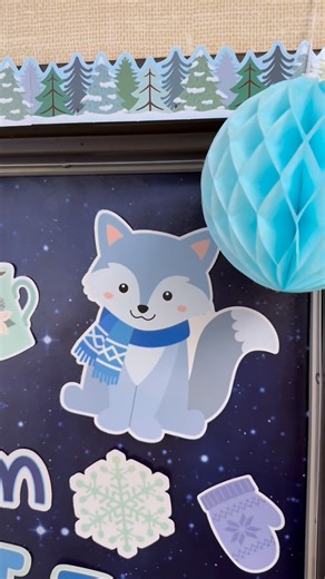 Teacher Created Resources | Classroom Decor & More on Instagram: "Details of our winter door decor. What’s your favorite piece? 🩵❄️⛄️ #classroomdecor #classroomdoor #bulletinboard #winterdecor #holidaydecor"