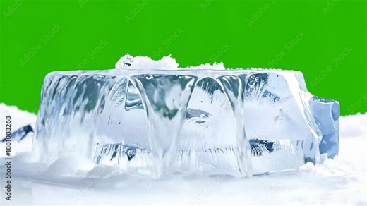 Melting ice block on a reflective surface with green screen background, showing the effects of global warming.