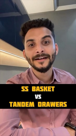 Sourabh Jain on Instagram: "Modular Kitchen - SS basket vs Tandem DRAWER 🧐 Apne kitchen mein kya lagaen? Check out this amazing Tandem box for my kitchen - it can handle heavy items, is easy to clean, looks great, and has removable organizers so I can keep my kitchen neat and tidy! My preference is definitely the Tandem box because it can cater for heavy weight It is easy to clean and maintain and it looks pleasing aesthetically Plus, it has organizers on top of it which you can remove and wash