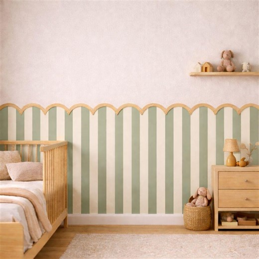 Scalloped Peel and Stick Wallpaper Sage Green Stripe Nursery Wall Panel Removable Wainscoting Decor - Etsy