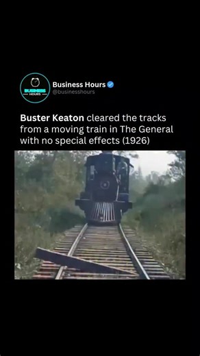 Business | Wealth | Tech on Instagram: "In his 1926 masterpiece The General, Buster Keaton performed one of the most hazardous stunts in cinematic history by riding on the "cowcatcher" of a moving steam locomotive to clear the tracks of heavy wooden ties. With no safety harnesses or digital effects, Keaton leaned precariously over the front of the engine, using one massive beam to strike another and bounce it off the rails just seconds before it could cause a fatal derailment. This scene was not