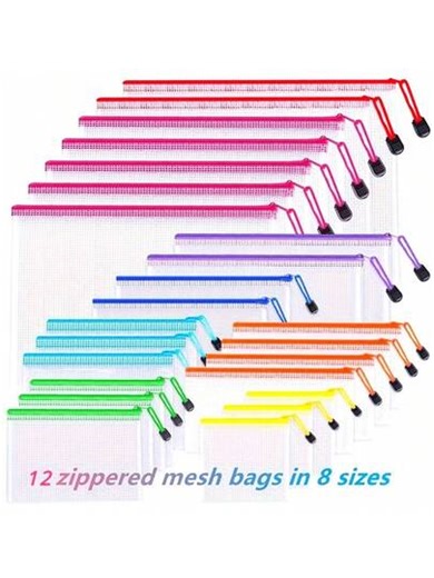 Colorful Mesh Zipper Pouch (Random Color) - 6 Vibrant Colors, Striped Pattern, Transparent Mesh, Clear Multi-Size Storage Bags, Easy To See Contents, Multi-Purpose Organizer Bags For Office, Home (Puzzles, Crafts, Travel Accessories) | SHEIN