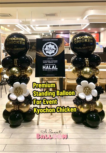 Premium Standing Balloon with 3D Flower Balloon ✨ Theme Black Gold Thankyou Kyochon Chicken Aeon Tebrau for booking with us We Cover all Johor Bahru & Pasir Gudang Area. #eventplannerjb #decojb #standingballoon #standingballoonjb #premiumstandingballoon