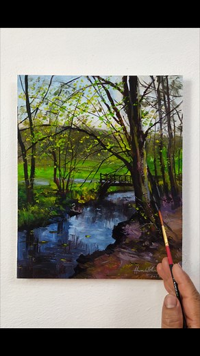212K views · 9.8K reactions | Beautiful "Calm Stream In Morning" landscape painting ⛰️/Acrylic on paper ️ #easy #beautiful #landscape #painting #acrylicpainting #acrylic #art #paper #stream #river #bridge #trees #morning #greenery #calm #peaceful #chill | Hamlet Shougrakpam Art | Facebook