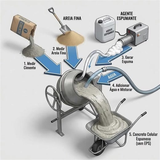 Cellular (foamy) concrete is produced by incorporating stable foam into a cementitious mixture, creating millions of evenly distributed microbubbles of air. After curing, these bubbles remain in the structure, resulting in a lighter material, with good workability and thermal/acoustic performance. How it is done (step by step): 1. Dosage of materials: cement, fine sand, water and the sparkling agent are measured (according to specification). The fine, clean sand helps in the stability of the mix