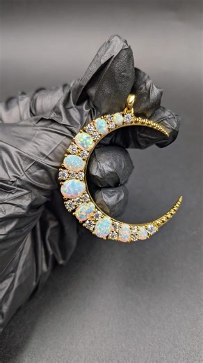 Opal Crescent Moon Moissanite 14K Yellow Gold Plated Celestial Pendant Gift for Her - Etsy