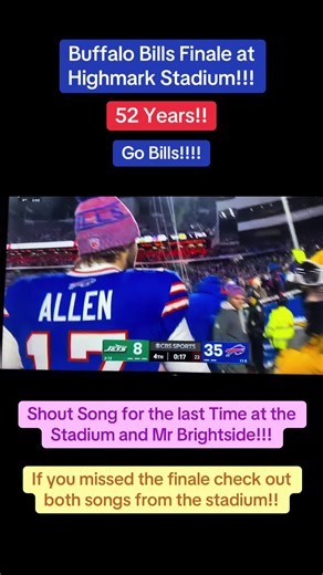 I had so many memories at Highmark Stadium!!! I went to about 40 Buffalo Bills games in my life and there are so many stories at this stadium!! we closed out the season like we wanted to do and beat the Jets and are now ready to make a playoff run!! we will have a tough one next week, but we will be ready!! these two videos include the Buffalo Bills shout song for the very last time in the stadium and also Mr. Brightside for the very last time in the stadium. Please like and comment Go Bills if 