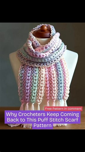 Crochet scarves have always felt like a hug you can wear. This one, with its puff stitches, is especially soft and warm. The free pattern is in the comment. #crochet | Crochet & Knitting Patterns Here